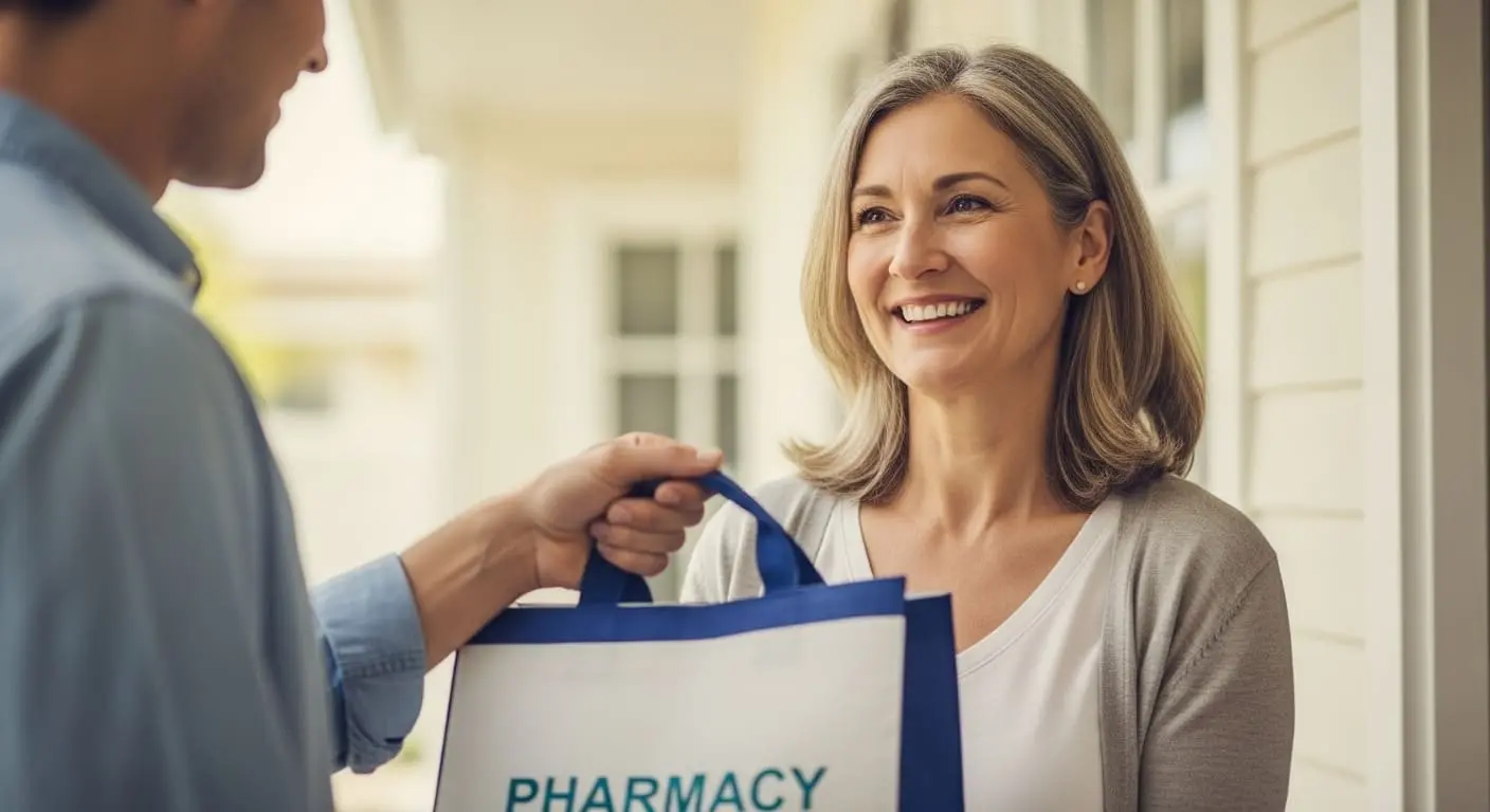 Persona recibiendo una bolsa de farmacia en casa