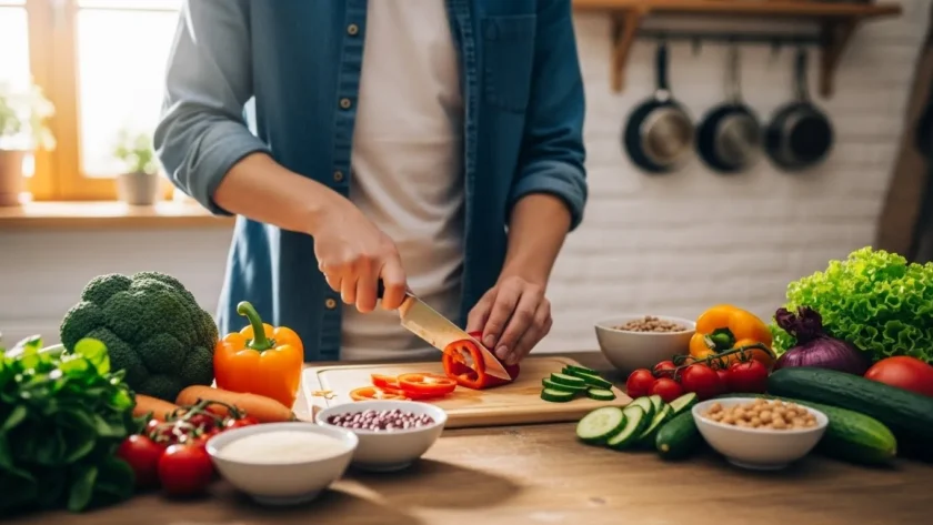 Persona preparando alimentos saludables