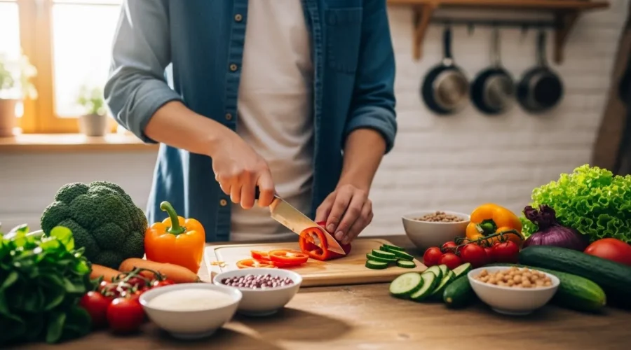 Persona preparando alimentos saludables